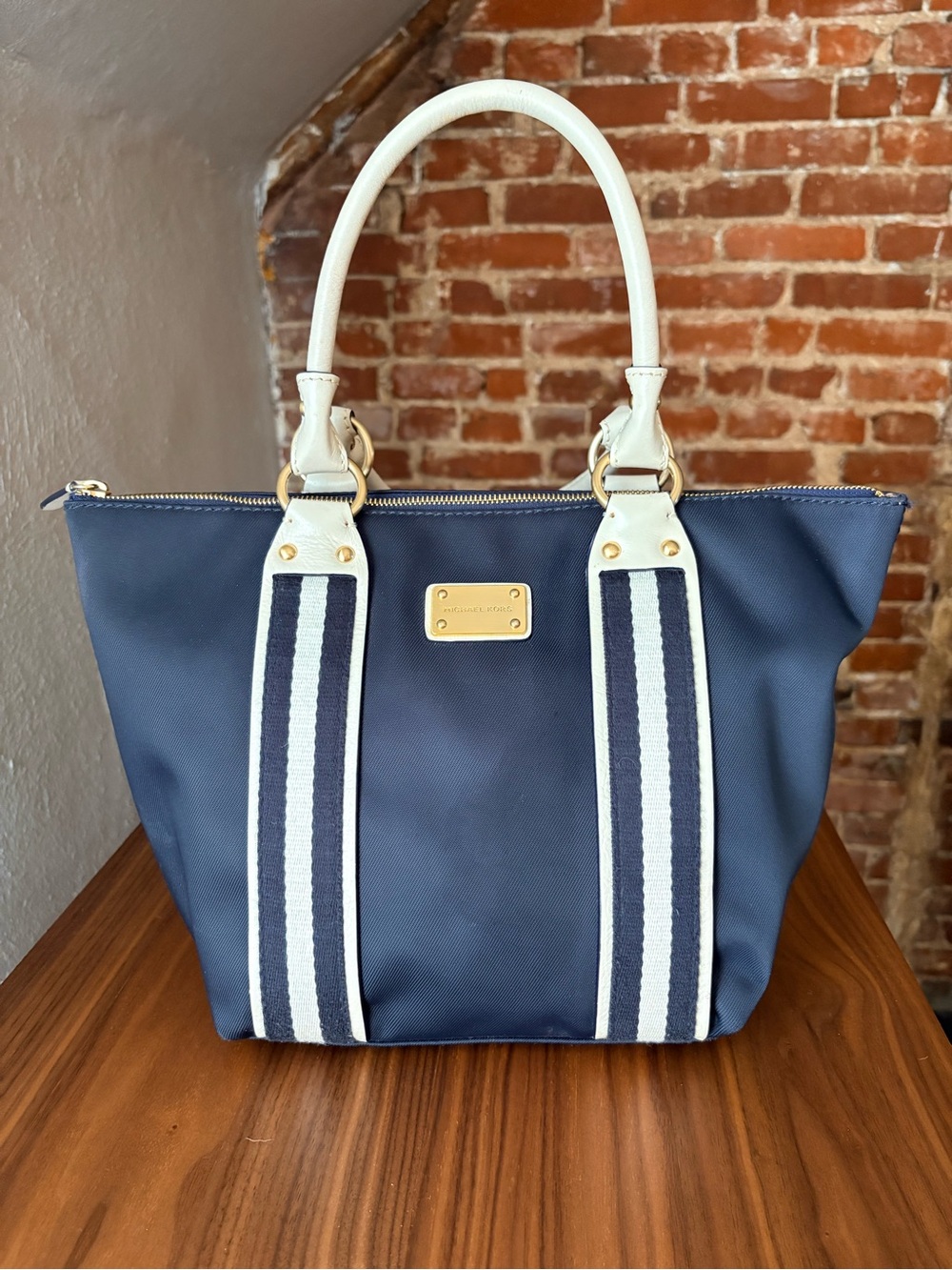 Michael Kors Navy Nylon Tote Cream Leather Striped Handles